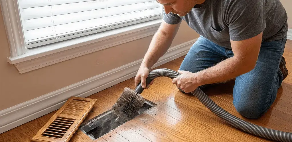 Air duct cleaning technician vacuuming a floor vent and duct opening in Saint Petersburg, FL