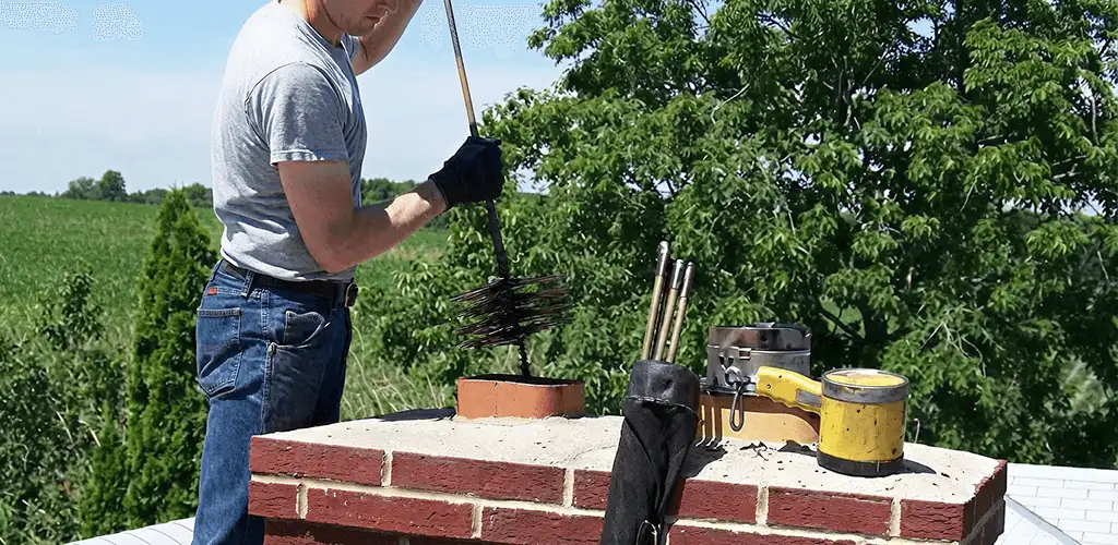 Chimney cleaning technician working on a rooftop chimney with professional tools in Saint Petersburg, FL