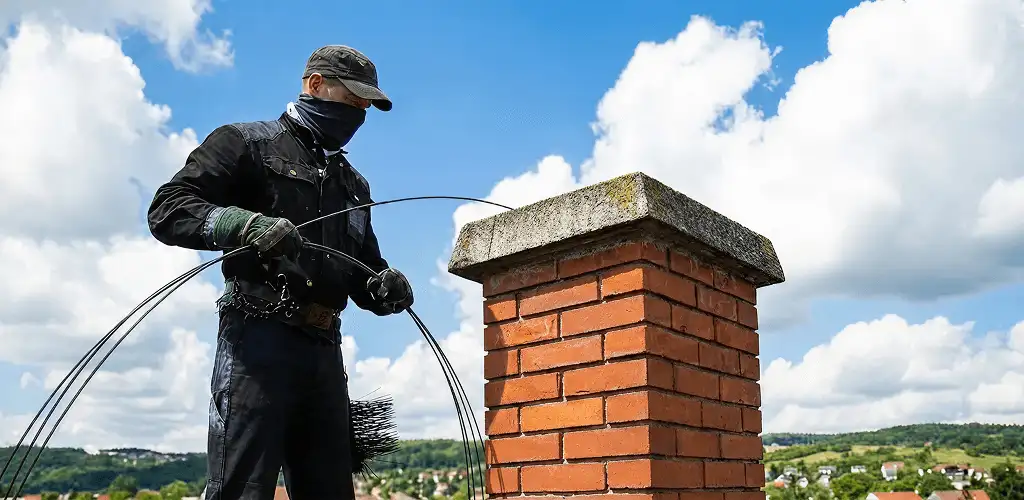 Chimney sweep cleaning a brick chimney with professional tools in Saint Petersburg, FL