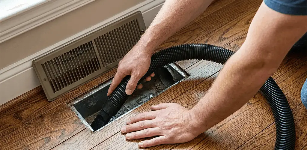 Air duct cleaning technician vacuuming a floor register and duct opening in Saint Petersburg, FL