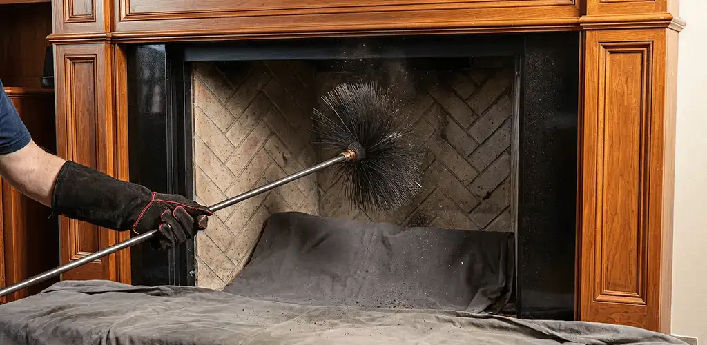 Chimney cleaning service brushing soot from a fireplace and flue in Saint Petersburg, FL