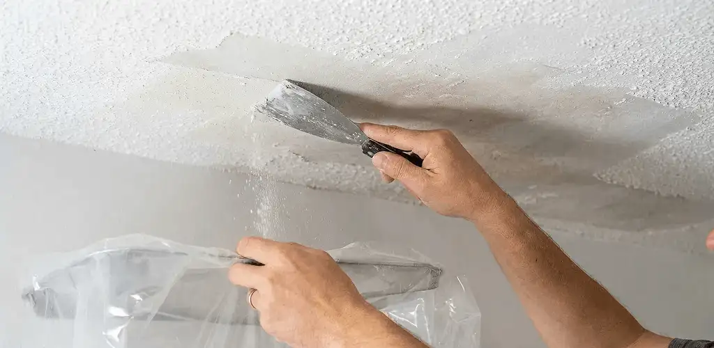 Popcorn ceiling removal technician scraping texture from a ceiling in Saint Petersburg, FL