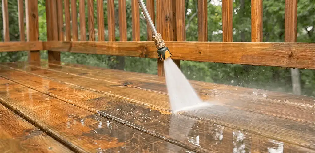 Pressure washing a wood deck to remove dirt and buildup in Saint Petersburg, FL