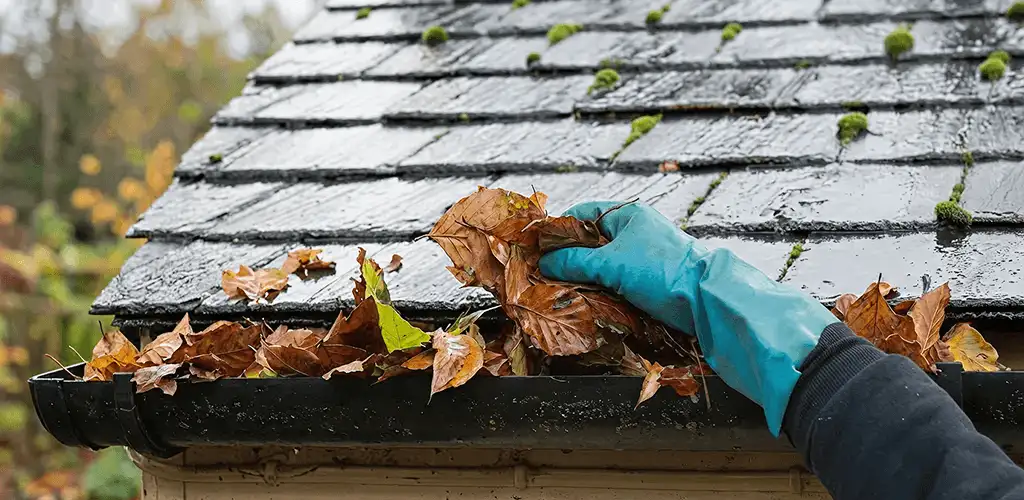 Gutter cleaning technician clearing wet leaves from roof gutters in Saint Petersburg, FL