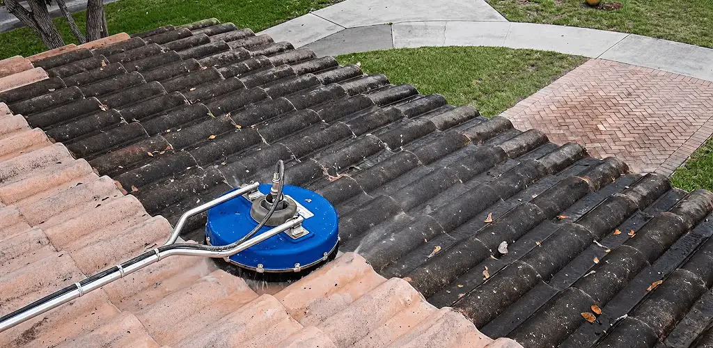 Roof pressure cleaning removing debris and buildup from roof tiles in Saint Petersburg, FL