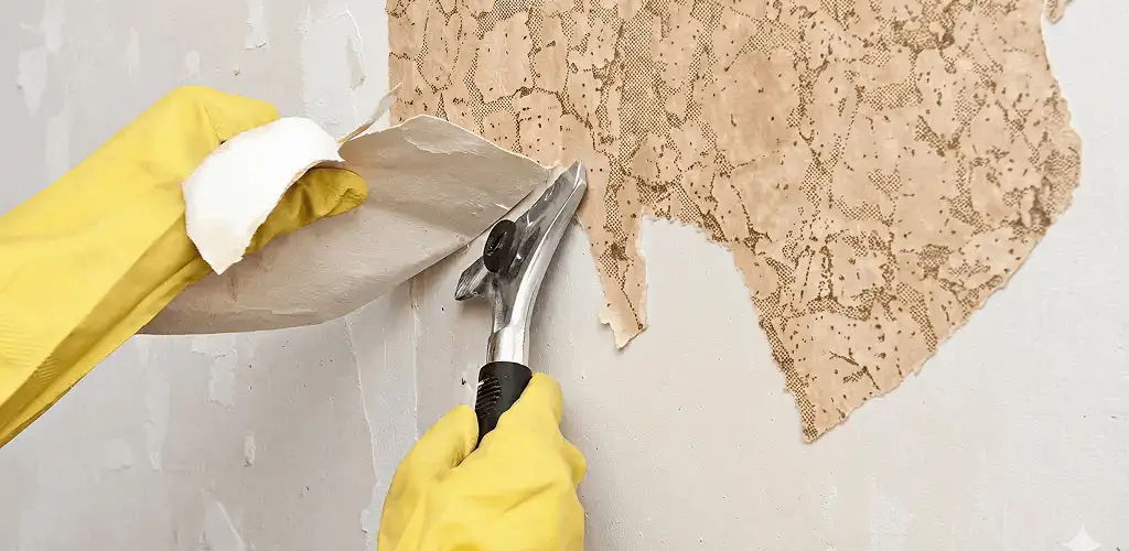 Wallpaper removal service stripping old wallpaper from a wall in Saint Petersburg, FL