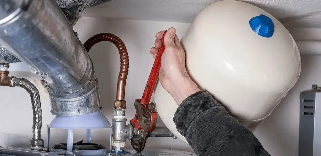 Water heater repair technician tightening plumbing connections near a tank unit in Saint Petersburg, FL